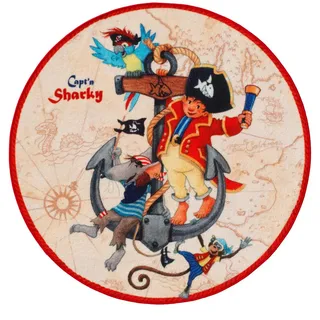 Kinderteppich , Rot, Creme , Textil , Pirat , rund , Textiles Vertrauen - Oeko-Tex® , für Fußbodenheizung geeignet, rutschfest , Teppiche und Böden, Teppiche, Kinderteppiche