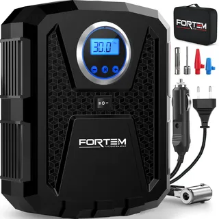 FORTEM Elektrische Luftpumpe fürs Auto, 12V Kompressor für Reifen | Digitale Luftpumpe mit Reifendruckmesser, LED-Licht, Düsenaufsätzen & automatischer Druckabschaltung mit Aufbewahrungstasche