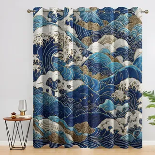 DITHYRAM Japanischer Vorhänge Mit ösen Blickdicht, Wellen Chinesisch Orientalisch Vorhang Schlafzimmer Wohnzimmer Küche 140 x 245 cm Lang, Übergardinen Innen Verdunklungsvorhänge