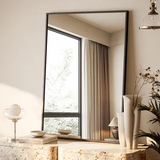 BEAUTYPEAK 76x51cm Rechteckiger Wandspiegel, Badezimmerspiegel mit schwarzem Aluminiumrahmen, Bruchsicherer Wandspiegel für Bad, Schlafzimmer, Wohnzimmer, Rectangular Bathroom Mirror