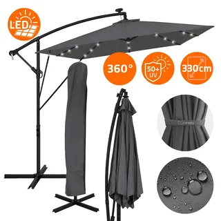 ML-Design Ampelschirm Ø330cm mit LED Solar Anthrazit Alu Sonnenschirm mit Kurbel Abdeckung & Ständer Sonnenschutz & wasserabweisend drehbar & neigbar - Dunkelgrau
