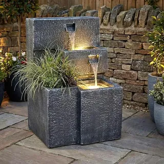 Springbrunnen "Grada" Bepflanzbar mit LED Beleuchtung, Wasserfall Gartenbrunnen Kaskade Terrassenbrunnen - Grau