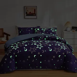 GETIYA Lila Bettwäsche 135x200 Kinder Bettwäsche Stern Mond Leuchtend im Dunkeln Einzelbett Bettbezug Violett Blau Wendebettwäsche Mädchen Damen Bettbezug Weich Deckenbezug mit Kissenbezug 80x80