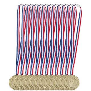 Relaxdays Goldmedaille Kinder 12er Set, Band, Fackel, Auszeichnung für Siegerehrung, Medaillenset, 5 cm Ø, Plastik, Gold, Pack