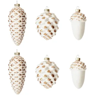 DN DECONATION Christbaumkugeln Set 6-TLG, Weiß-Gold Glas Tannenzapfen & Eichel Anhänger, Weihnachtsbaumschmuck Naturstil für Tannenbaum Deko & Waldthema