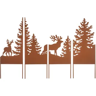 Kobolo Gartenstecker Dekostecker Set – FOREST – aus Metall in Rostoptik – 4-teilig – Hirsche und Bäume - Winter Weihnachten Dekoration Beet Eingang - Braun