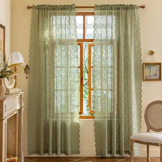 ALIGOGO Spitzenvorhänge, 244 cm lang, Landhausstil, rustikale Florale Spitze, durchscheinende Vorhänge, 2 Stück, Set für Wohnzimmer, Privatsphäre, Bogenrandkanten, 132 x 244 cm, Salbeigrün