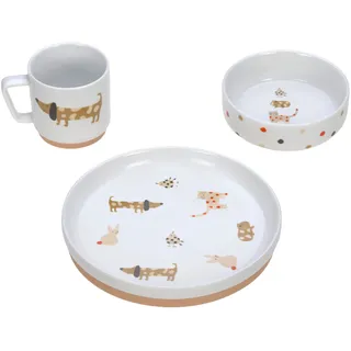 Lässig Geschirrset Porzellan Kindergeschirrset Teller Schüssel Tasse mit Silikonring rutschfest Kindergeschirr/Little Mateys spicy orange