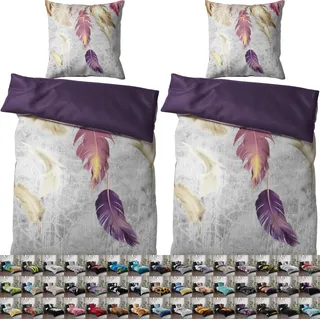 SANILO® Bettwäsche 135x200 cm, 100% feinste Baumwolle, 4-teilig, Bettbezug, Kissenbezug 80x80cm - Federn - Violett, Grau