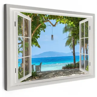 MuchoWow Leinwandbild Aussicht - Baum - Meer - Palme - Hügel - Strand - Blau Wanddeko 90x60 cm , Textil , Rechteckig , 90x60 cm , FSC 100% , gerahmt , Bilder & Rahmen, Bilder, Leinwandbilder