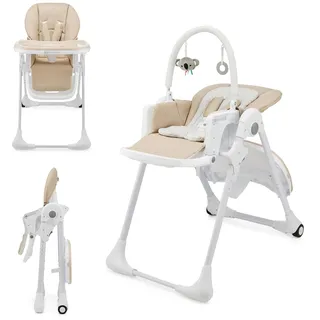 Kinderkraft TUMMIE Hochstuhl 2 in 1, Kinderhochstuhl, Babystuhl, Kombihochstuhl, ab den Ersten Lebensmonaten, Fußstütze, Halbliegende Position, Bezug aus PU, mit Spielzeugen, Beige