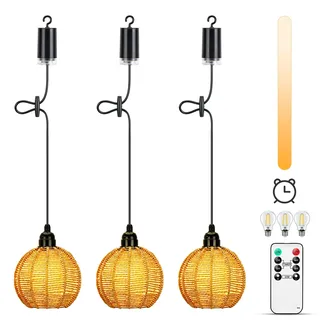 Lightsjoy 3er Hängelampe mit Batterie Indoor Outdoor Akku Pendelleuchte | Boho Lampenschirm, Outdoor Lampe hängend IP65 wasserdicht, Dimmung Timer mit Fernbedienung, Batteriebetriebene Hängelampe