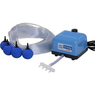 AquaForte Hi-Flow V-10 Luftpumpenset, Komplettset mit Luftverteilern, 25 m Schlauch 4 x 6 mm und 4 Luftsteine 5 cm, Kapazität bei 1,2 Meter 4 Liter pro Minute, Maximaler Teich 6 m3