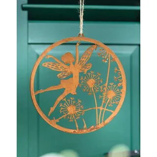 Dekohänger "Fee" aus Metall mit Rost Finish, Ø 30 cm, Hängedeko Elfe mit Blüten, Gartendeko zum Aufhängen - Braun
