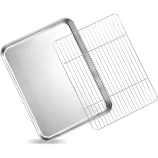 vinato Edelstahl Backblech mit Gitter Set 40,5×30,5×2,5 cm – Backform Rechteckig & Backofenblech aus 304er Stahl, Tiefes Backblech mit Hohem Rand