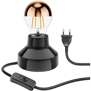 ledscom.de Porzellan Tischlampe TIX, rund, Stecker, Schalter, schwarz + LED Lampe, 839lm, warmweiß