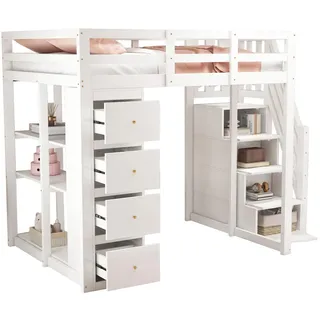 Okwish Hochbett 140/200 cm Weiß mit Aufbewahrungsschublade und Sicherheitsleiter ohne Matratze , Holz , 140x200 cm , Babymöbel & Kindermöbel, Kinderzimmer & Jugendzimmer, Kinderbetten, Hochbetten