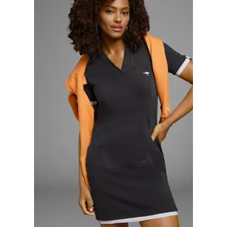 Sweatkleid KANGAROOS, Damen, Gr. 38, N-Gr, schwarz, Obermaterial: 100% Baumwolle. Kapuzenfutter: 100% Baumwolle, figurbetont, V-Ausschnitt, Lagenoptik, Kleider Sweatkleid, in Longform, aus Baumwoll-Sweatqualität, mit Kängurutasche, Topseller