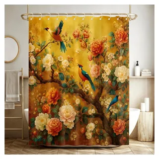Duschvorhang 180x200 cm, Vintage Gelbe Blumen und Vogel, Beschwerter Saum, Antischimmel, Wasserabweisend, Waschbar, Polyester für Badezimmer mit 12 Duschvorhangringen
