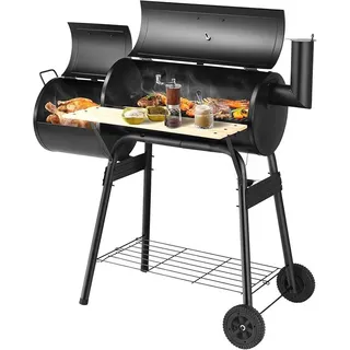 Holzkohlegrill mit Deckel, 2 in 1 Räuchern Grillen, Grillwagen mit Rädern, Seitenfeuerbox, Seitentisch, Regal, Holzgriffen, Thermometer, Holzkohle Grill für Camping, Terrasse, Garten - Schwarz