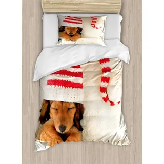 ABAKUHAUS Dackel Bettbezugs Set für Einzelbetten, Hund in der Weihnachts Elf-Hut, Milbensicher Allergiker geeignet mit Kissenbezug, 130 x 200 cm,Zimt