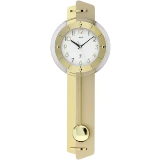 AMS. Pendelwanduhr 5267, Funk, Gold, Holzgehäuse mit Messing-Applikation, Mineralglas, made in Germany