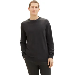 Rundhalspullover TOM TAILOR, Herren, Gr. XL, schwarz (anthrazit melange), Strick, Obermaterial: 100% Baumwolle, meliert, regular fit hüftbedeckend, Rundhals, Bündchen, Pullover Rundhalspullover, mit Logostickerei