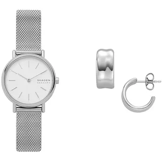 Skagen Damen Signatur Lille Silberfarbene Edelstahl Uhr und Anja Pebbles Ohrringe, Set