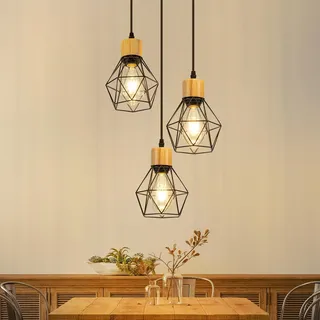 ZMH Pendelleuchte Esstisch Hängelampe Vintage - 3 Flammig Hängend Holz Esszimmerlampe E27 Retro Küchenlampe Schwarz Rund Industrial Hängeleuchte für Esszimmer Wohnzimmer Küche (ohne Leuchtmittel)