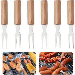 6 Stück Maiskolben Spieße, Grillspieße Edelstahl, Holzgriff Maiskolbenhalter, Chicken Wing Grillgabel, Schaschlikspieße für BBQ, Zuhause, Kochen, Grillen,Weihnachtsfeier (Sliber)