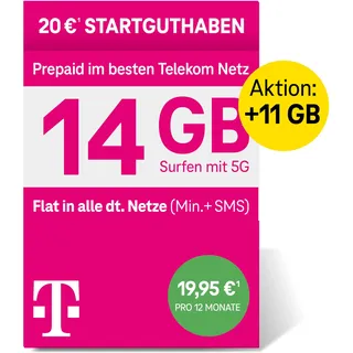 Telekom MagentaMobil Prepaid XL Special SIM-Karte ohne Vertragsbindung, 5G inkl. I 25 GB & Allnet Flat in alle dt. Netze + EU-Roaming I Surfen mit 5G/ LTE Max & Hotspot Flat I 20 EUR Startguthaben