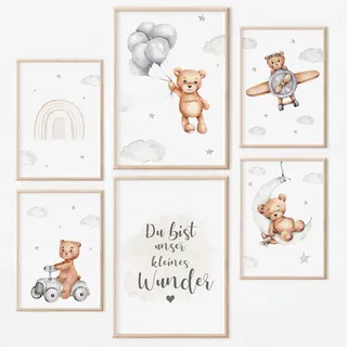 MeinBaby123® Poster Kinderzimmer | 6er Set DIN A4 Poster Set | Wandbilder mit Spruch | Regenbogen | Deko Kinderzimmer Mädchen und Jungen | Babyzimmer Deko (Bär & Flugzeuge)