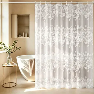 Vllcsla Duschvorhang Blumenmuster Anti Schimmel Wasserdicht, 300x200 cm, 300 cm Breite Waschbar Plastik Badvorhang, Duschvorhang Weiß mit Blumen, Duschvorhänge für Badezimmer, mit Haken