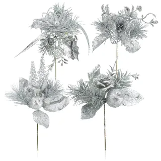 com-four® 4X Deko-Gesteck, dekorative Zweige als tolle Weihnachtsdekoration, schöner Raumschmuck, verschönert Geschenke auch für Kränze und Blumenarrangements DIY (4X silberfarben - klein)