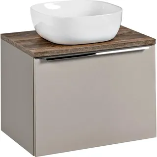 Waschtisch-Unterschrank Set 60cm PUEBLA-56-TAUPE in taupe mit Vintage Eiche, Keramikbecken, 2 Softclose-Schubkästen, B/H/T 60,4/62,5/46 cm - Beige