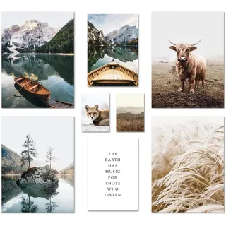 ARTFAVES® Poster Set - BEAUTIFUL EARTH | Wanddeko Wohnzimmer & Schlafzimmer | 8 moderne Wandbilder | Bilder natur, Berge, See, Landschaft, Dolomiten, Boot, boho, Pampasgras | ohne Bilderrahmen