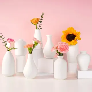 Keramikvase, weiße Keramikvase, Moderne Mini-Knospenvase in Großpackung für Tafelaufsätze, kleine weiße Vase für Blumen, Pampasgras, Hochzeit, Zuhause, 8 Stück