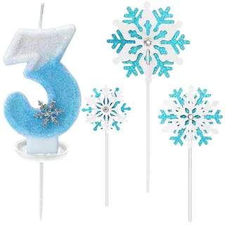 Glitzernde Zahlenkerze 3 mit Schneeflocken-Deko –Geburtstagskerze für Mädchen, Kerze 3 Geburtstag Kinder, Kerzen für Kuchen, Blau-weißer 3D-Glitzer & Tropfschutz