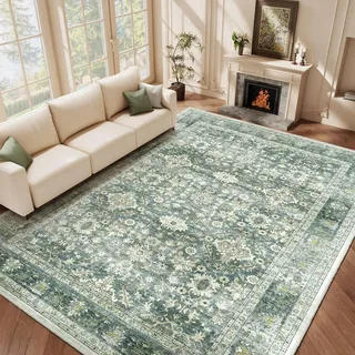 HOMFINE Grün Vintage Teppich Wohnzimmer 160x230 cm Waschbarer Kurzflor Boho Teppiche Weich rutschfest Groß Retro Rugs for Living Room Carpet for Schlafzimmer Esszimmer Küche