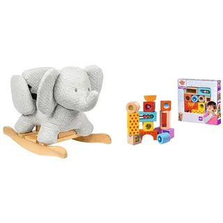 Nattou Schaukeltier Elefant Tembo, Baumwolle, 60 x 30 x 45 cm, Grau & Eichhorn – Klangbausteine – 12 Bunte Holzbausteine die Geräusche Machen, für Kinder und Babys ab 12 Monaten, Holzspielzeug