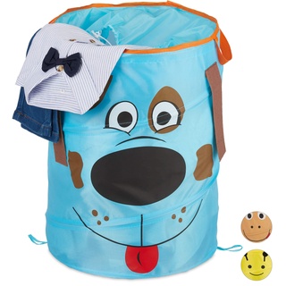 Relaxdays Hund, Pop-Up Wäschekorb für Kinder, Tiermotiv, Faltbar, 39 l Stauraum, Aufbewahrungskorb HxD: 43 x 34 cm, blau, Polyester, Stahl, 43 x 34 x 34 cm