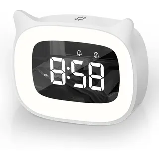 Aoreun Wecker Digital Kinder, Dual-Wecker mit licht Digital, Cute Katzen Kinderwecker Nachttischlampe Snooze Funktion 18 Musik 5 Helligkeitsmodus, zeitgesteuertes Nachtlicht wecker(Weiß)