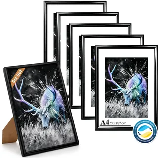 Dmyifan 5er Bilderrahmen DIN A4 Schwarz Set, Fotorahmen mit Plexiglas, Rahmen zum Stellen und Hängen für Fotos, Portraits | Picture Frame