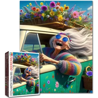 Grandma 1000 Piece Jigsaw Puzzle Bunte Sommerfreuden-Szene mit Oldtimer und Blumen Ältere Frauen DIY Puzzles für herausfordernde Familienaktivitätsspiele Ältere Dame Kunst Home Wall Decor Craft Gifts