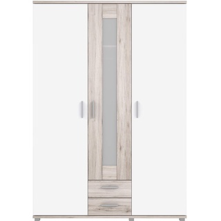 Forte BEACH Schrank 140, Kleiderschrank Weiß / Holzdekor: Sandeiche, Drehtürenschrank,Schlafzimmerschrank Skandinavisch 2-türig 2 Schubladen 139.5 cm breit x 200 cm hoch x 58 cm tief