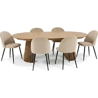 VCM Tokyo Essgruppe Esstisch natur, 6 Stühle aus beigem Velours. - Beige