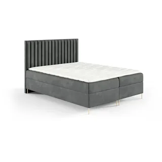 GUTTO Boxspringbett JILL 120 x 200cm 2x Bettkasten TOPPER 5cm Gratis Grau Velour hohe goldene Beine - Grau