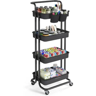 SONGMICS Rollwagen, 4 Ebenen, Servierwagen, Küchenwagen mit Griff, 2 kleine Einhängefächer, 2 Bremsen, Ablagefächer aus Kunststoff, einfacher Aufbau, Schlafzimmer, schwarz BSC077BZ01