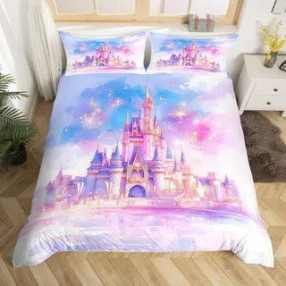 Mädchen Schloss Bettwäsche Set 135x200 Traumhaft Thema Bettbezug für Jungen Kinder, Prinzessin Schloss Tröster Abdeckung Cartoon Schloss Regenbogen Bettbezug Romantische Thema Blau Lila Bettwäsche