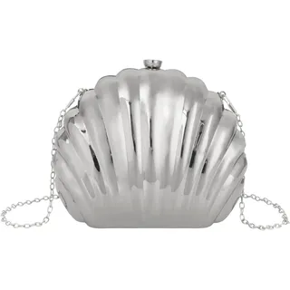 MilyaDE Metallisch Muschel Clutch Damen Mini Glänzend Handtasche Geldbörse Schultertasche Umhängetasche mit Ketten, Silber